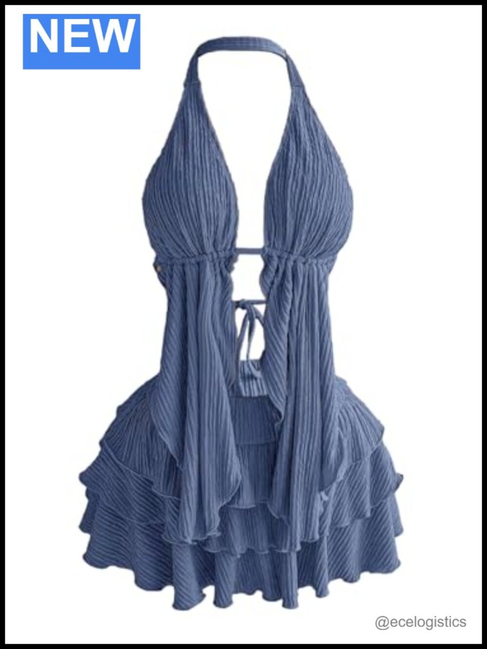 Women's 2 Piece Halter Deep V Neck Top & Layered Ruffle Mini Skirt Set Beach